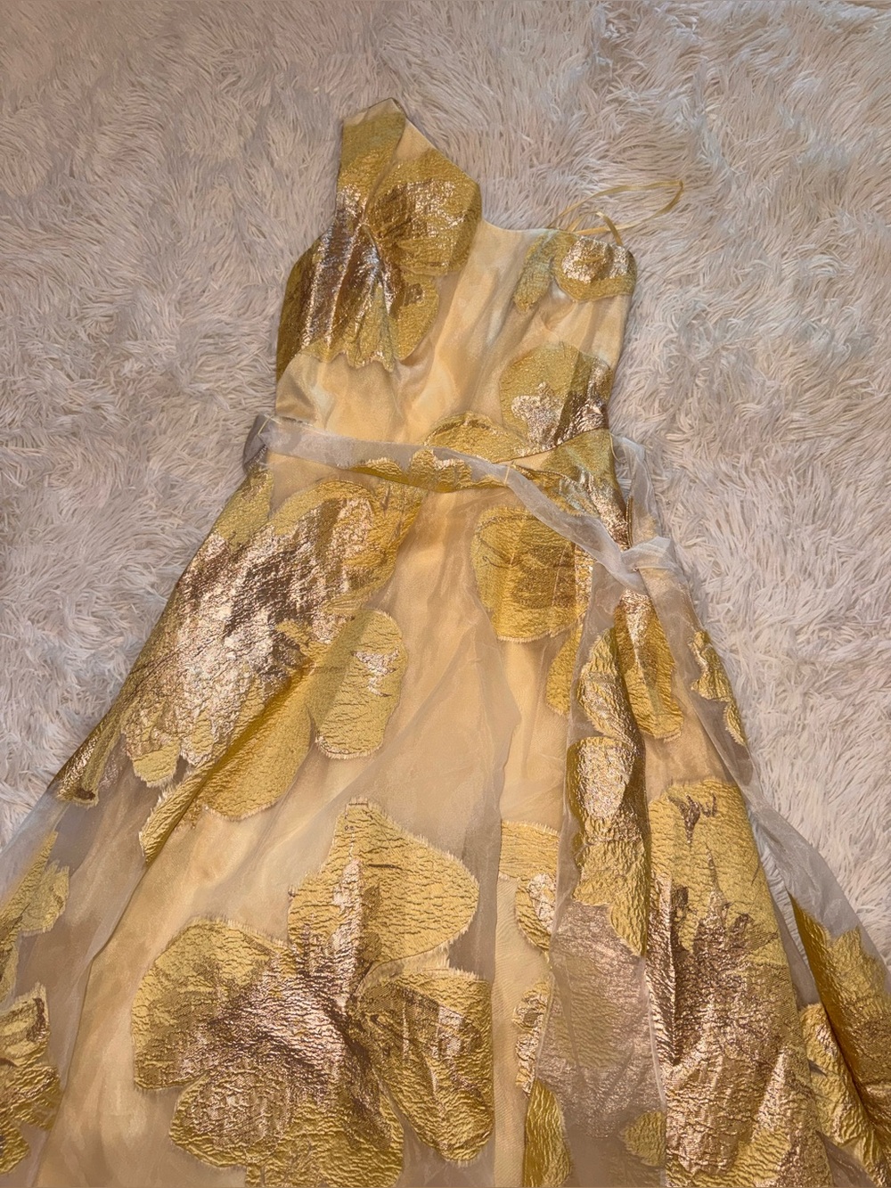 NEW ELIZA J One-Shoulder yellow Brocade belted Ballgown sz 4 - Picture 6 of 10